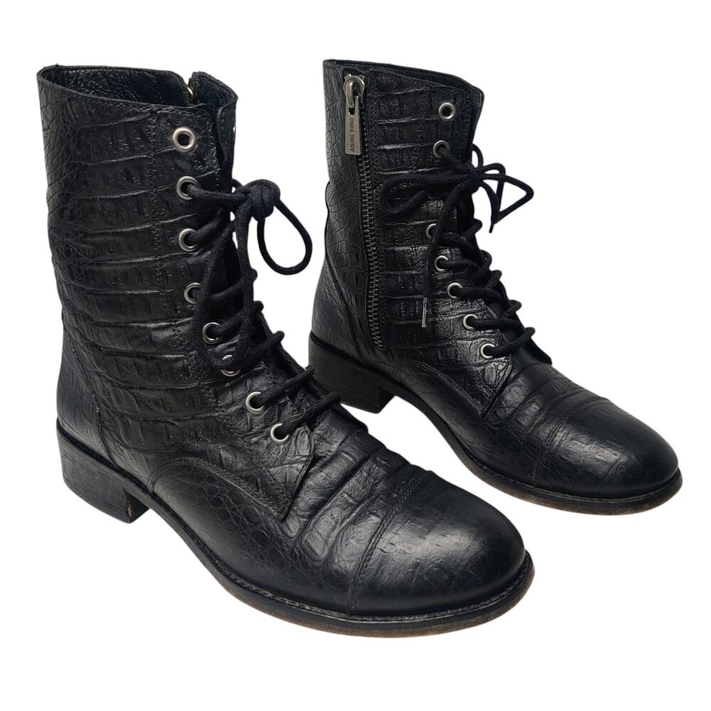 Anine Bing Croc Embossed Black Leather Combat Boots 38 US 8 Punk Moto Biker